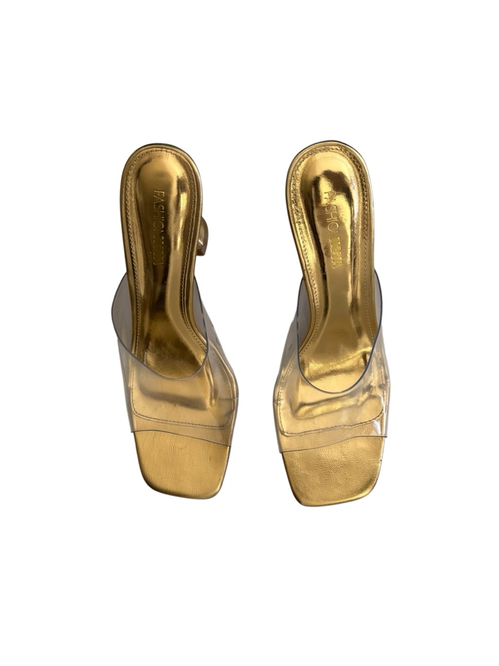 Fashion Nova Gold Clear Strap Slide Heels Sandal